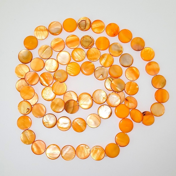 NEW! Orange Natural Shell Coin Shaped Beaded Long Strand Necklace - Picture 2 of 7